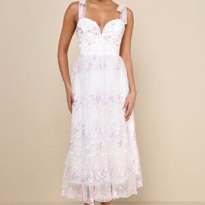 Lulus Distinctly Sweet White Floral Embroidered Tie-strap Midi Dress - Size L